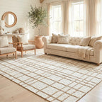 Faye Hand Embroidered Jute Windowpane Rug with Cotton Backing, Linen White & Beige Homespice Rugs