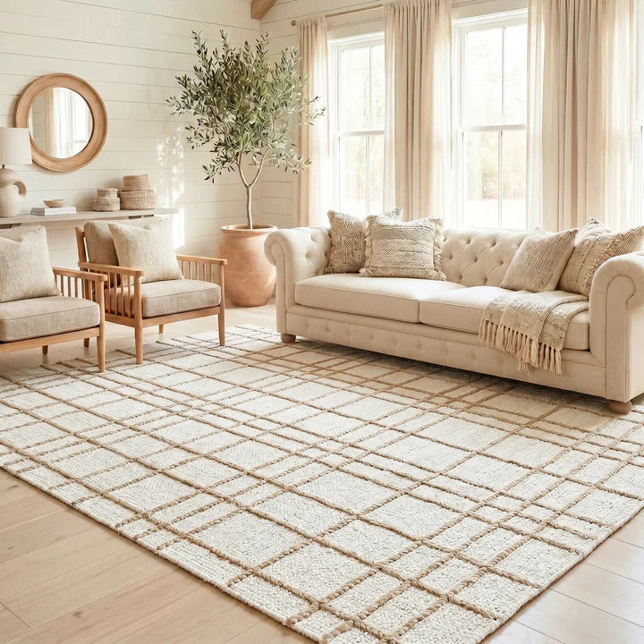 Faye Hand Embroidered Jute Windowpane Rug with Cotton Backing, Linen White & Beige Homespice Rugs