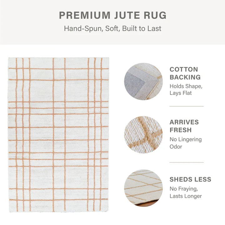 Faye Hand Embroidered Jute Windowpane Rug with Cotton Backing, Linen White & Beige Homespice Rugs