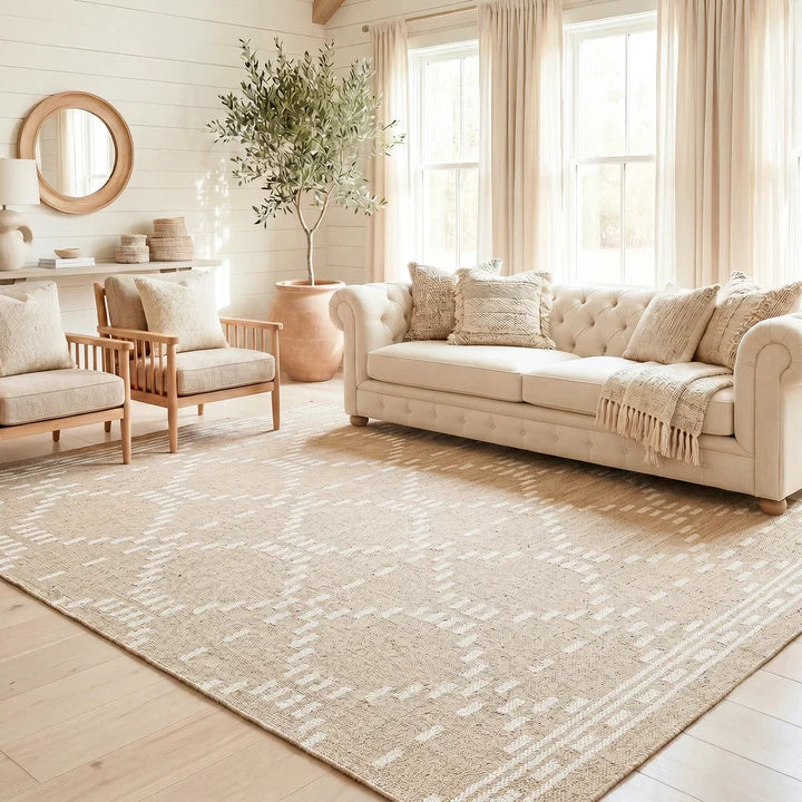 Dune Taupe Jute Rug with Dotted Lines and Premium Cotton Backing Homespice Rugs