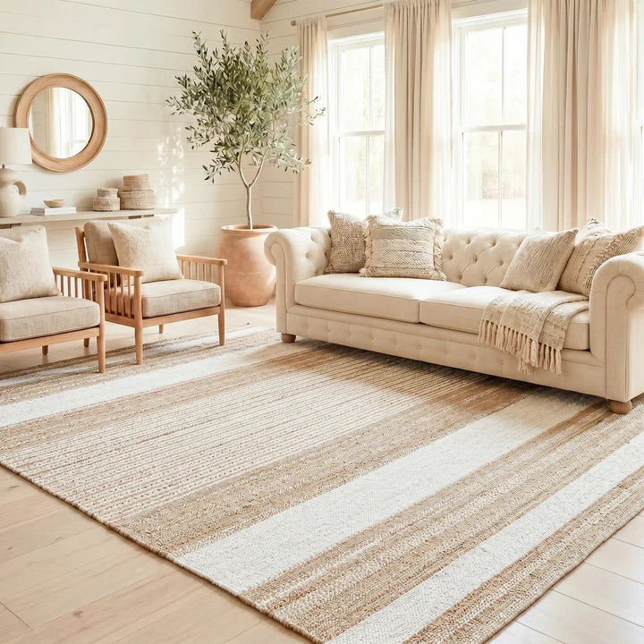 Reva Handwoven Natural Jute Striped Area Rug, Hand Sorted Yarn, White and Brown Homespice Rugs