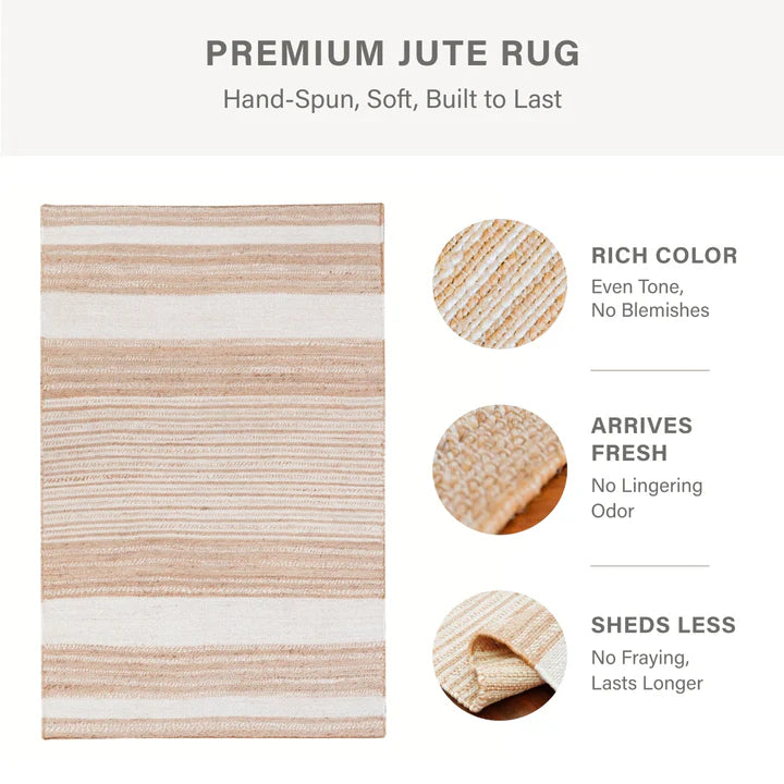 Reva Handwoven Natural Jute Striped Area Rug, Hand Sorted Yarn, White and Brown Homespice Rugs