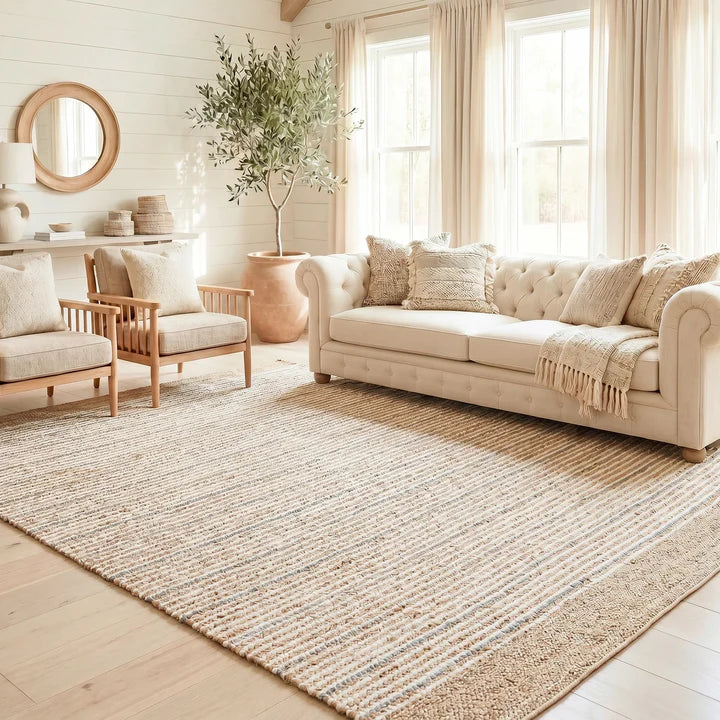 Remi Soft Hand Spun Jute Striped Rug with Wool Accent Stripes Homespice Rugs