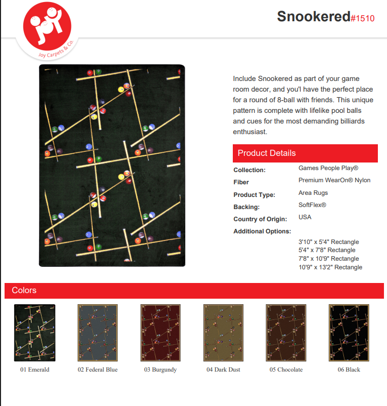 Joy Carpets Snookered Area Rug – Billiards & Game Room Rug Joy Carpets